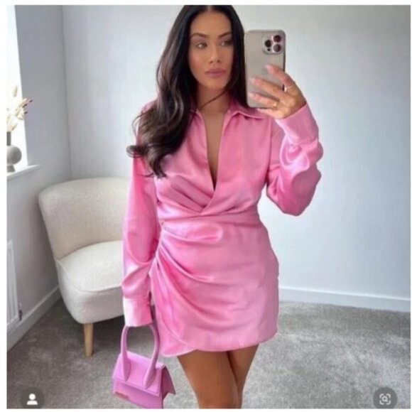 Zara Short Satin Effect Long Sleeve Mini Dress Pink Size Large Blogger Fav - Picture 6 of 11
